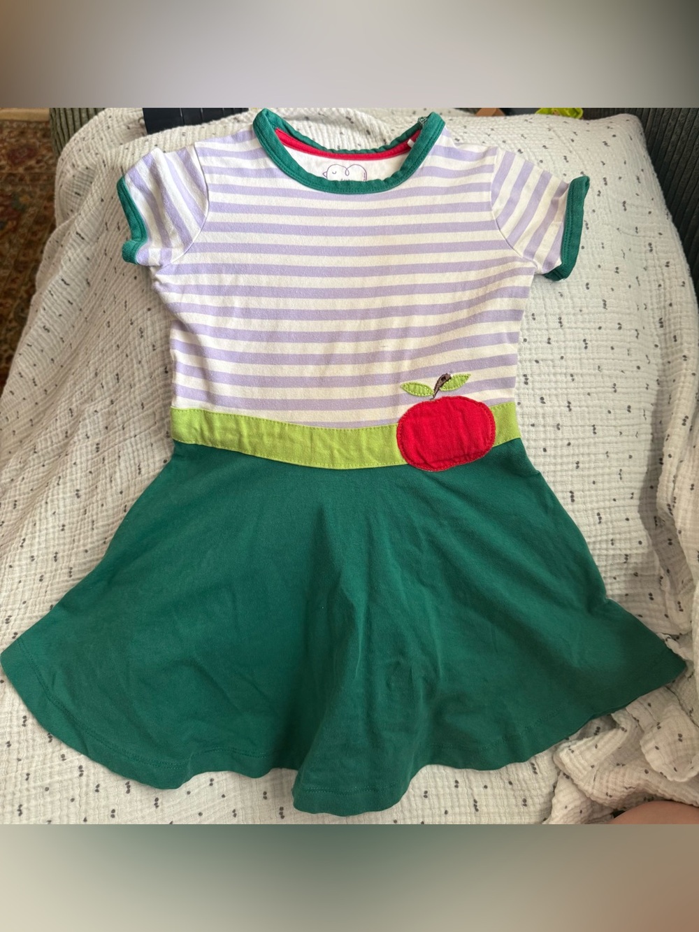 Girls' Little Bird Green & Lavender Striped Apple Applique Dress